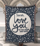 I Love You to the Moon and Back Personalized Cotton Anniversary Woven Throw Blanket - Blue Colorway
