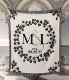 Floral Wreath Personalized Cotton Anniversary Woven Throw Blanket - Natural White Colorway