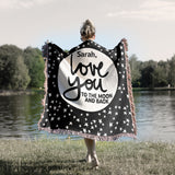 I Love You to the Moon and Back Personalized Cotton Anniversary Woven Throw Blanket - Black Colorway