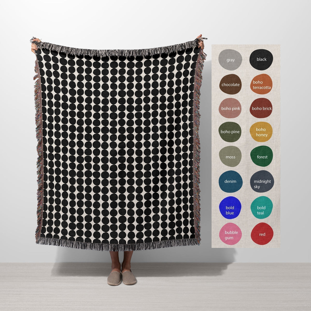 Mid Century Modern Bold Blue Dots Cotton Woven Throw Blanket Willow Olive