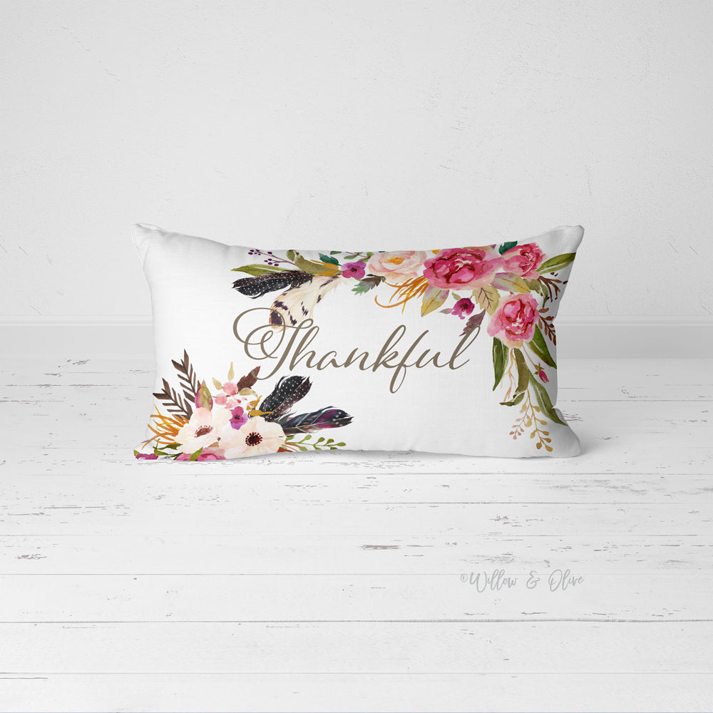 Decorative Lumbar Throw Pillow Thankful Florals Feathers