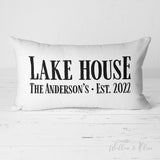 Personalized Family Name Lake House Pillow Black Text on White Background