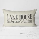 Personalized Family Name Lake House Pillow Charcoal Text on Natural Background