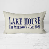 Personalized Family Name Lake House Pillow Navy Text on Natural Background