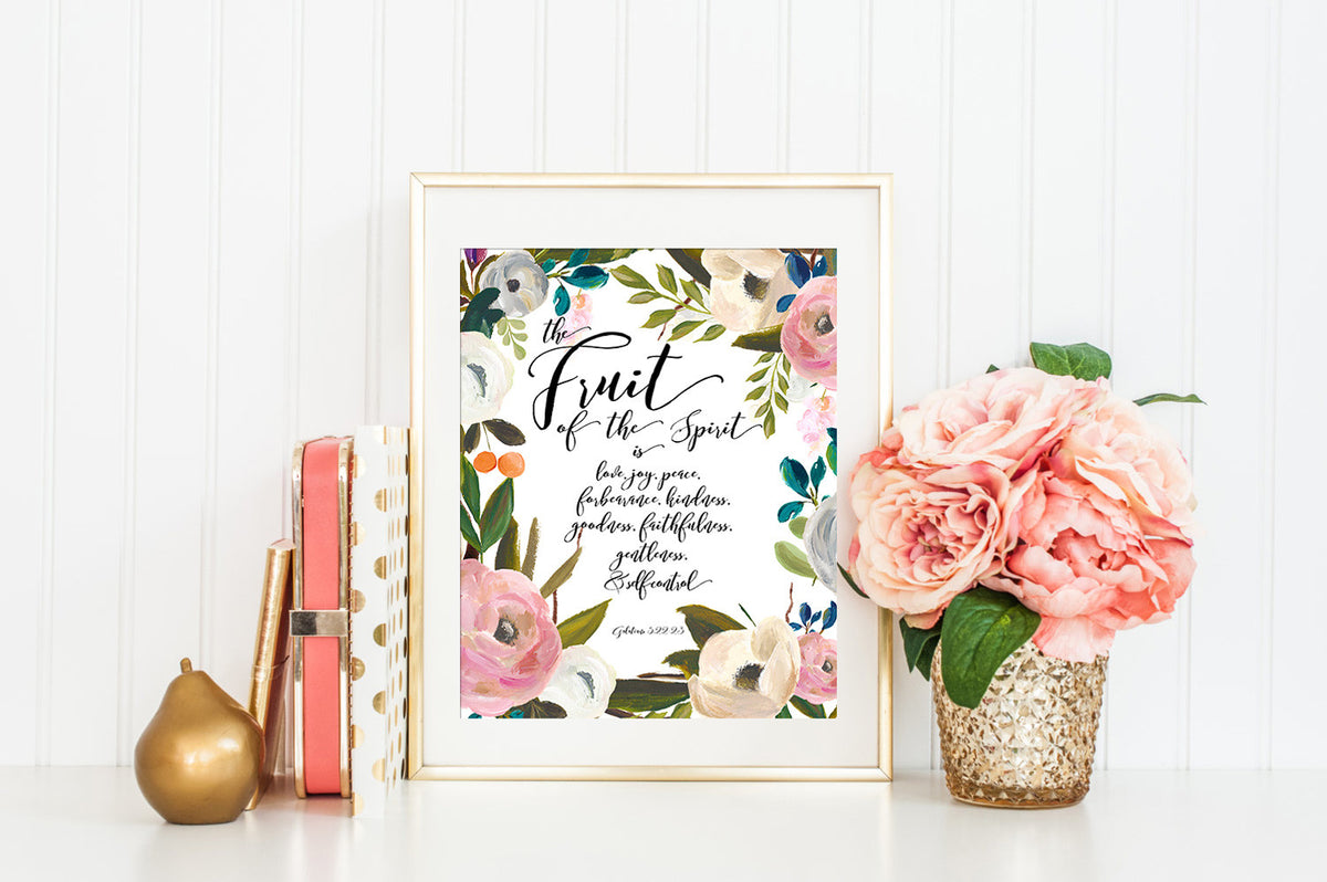 The Fruit of the Spirit Bible Verse Art Print in Pink Watercolor Flora ...