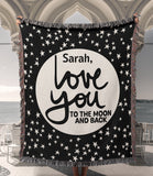 I Love You to the Moon and Back Personalized Cotton Anniversary Woven Throw Blanket - Black Colorway