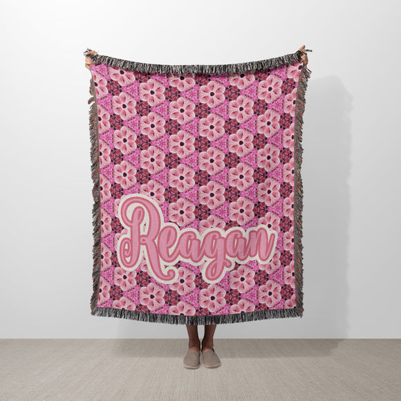 Pink Floral Roses Personalized Cotton Woven Throw Blanket