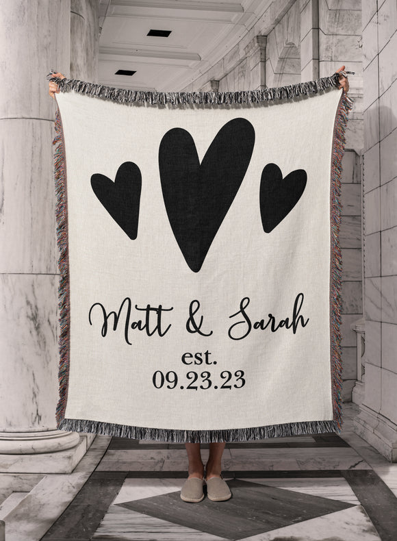 Hearts and Names Personalized Cotton Anniversary Woven Throw Blanket ...