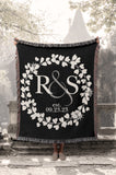 Monogram Wreath Personalized Cotton Anniversary Woven Throw Blanket - Black Colorway