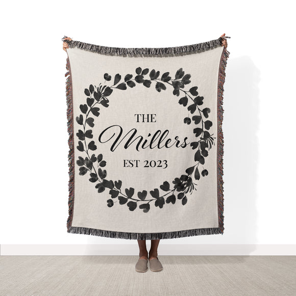 Couples Name Wreath Personalized Cotton Anniversary Woven Throw Blanket