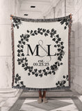 Floral Wreath Personalized Cotton Anniversary Woven Throw Blanket - Natural White Colorway