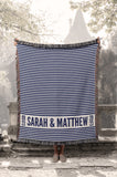 Navy Stripe Modern Names Personalized Cotton Anniversary Woven Throw Blanket