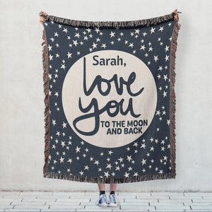 I Love You to the Moon and Back Personalized Cotton Anniversary Woven Throw Blanket - Blue Colorway