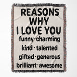 Reasons Why I Love You Personalized Cotton Anniversary Woven Throw Blanket