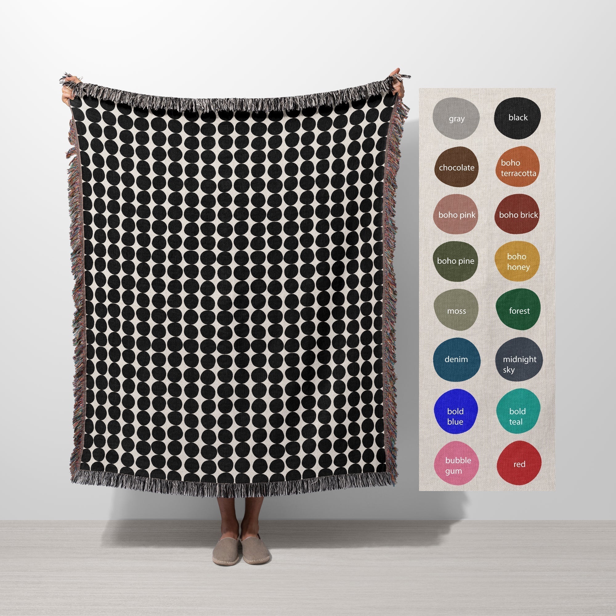 Mid Century Modern Boho Honey Yellow Dots Cotton Woven Throw Blanket Willow Olive