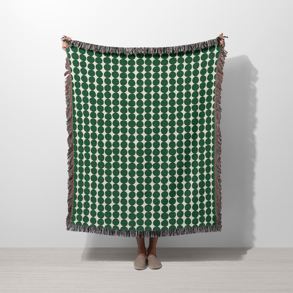 Mid Century Modern Forest Green Dots Cotton Woven Throw Blanket