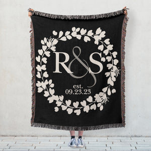 Monogram Wreath Personalized Cotton Anniversary Woven Throw Blanket - Black Colorway