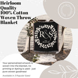 Woven Cotton Throw blanket customized with couple's monogram initials and established date. Design is soft natural white leafy wreath on natural black background. Made in the USA