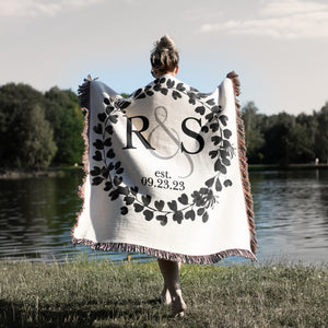 Monogram Wreath Personalized Cotton Anniversary Woven Throw Blanket