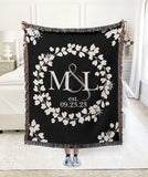Floral Wreath Personalized Cotton Anniversary Woven Throw Blanket - Black Colorway