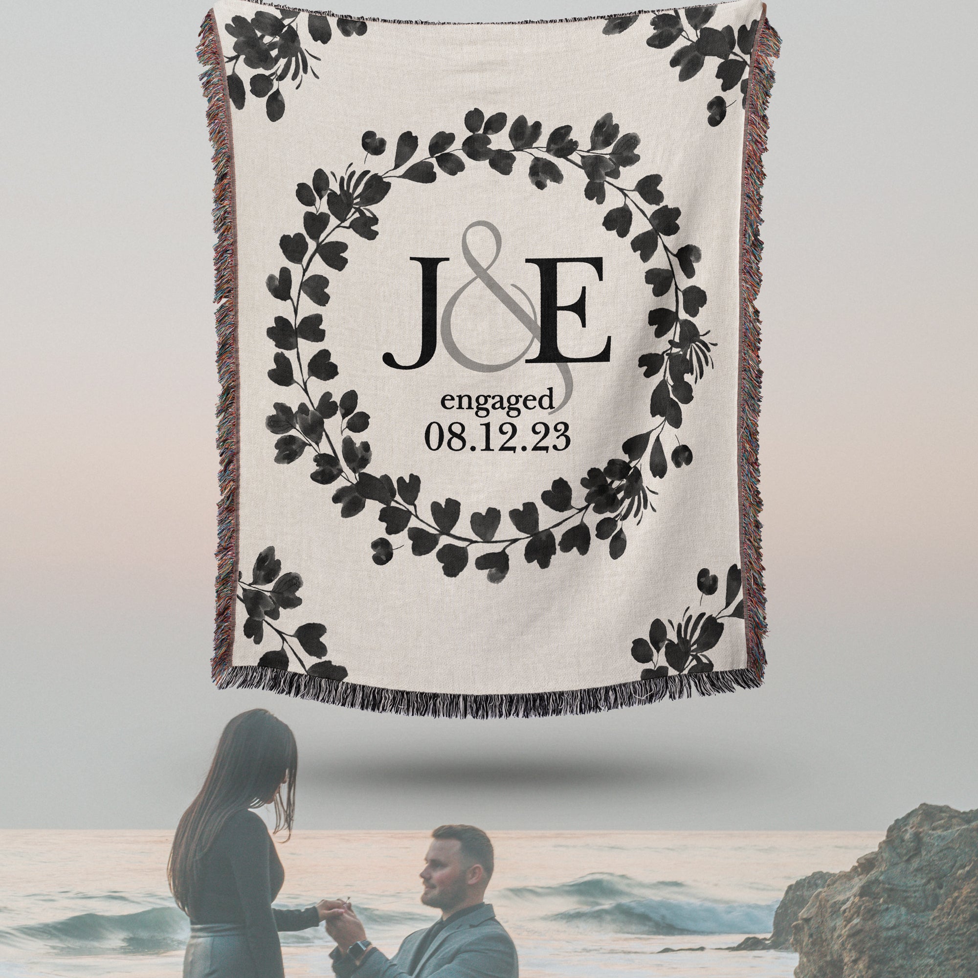 Personalized Engagement Date Couples Initials Woven Throw Blanket Willow Olive