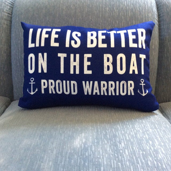 Life is Better on the Boat personalized lumbar throw pillow. Personalized with family name, boat name, established year in multiple color choices. Adorned with tiny anchors to accent the name. Made in the USA