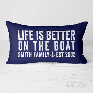 Personalized lumbar throw pillow sized at 20x14 inches. Choice of colors. Includes personalized boat name or family name and established year.