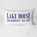 Lake House lumbar throw pillow. Personalized with your family name and established year. Available in a variety of colors; navy, white, natural, charcoal, black. Made in the USA