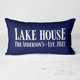 Personalized Family Name Lake House Pillow White Text on Navy Background