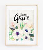 Amazing Grace Bible Verse Art Print in Watercolor Floral
