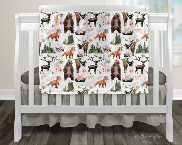 Woodland Animals Floral Allover Pattern | Personalized Kids Blanket