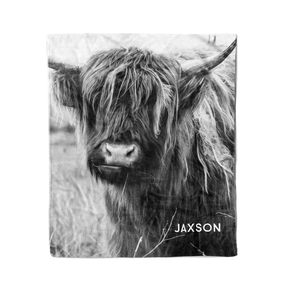 Highland Cow in Black and White | Personalized Blanket