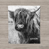 Highland Cow in Black and White | Personalized Blanket