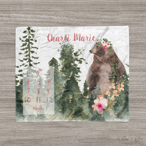Woodland Bear Floral Milestone Blanket | Personalized Baby Girl Blanket