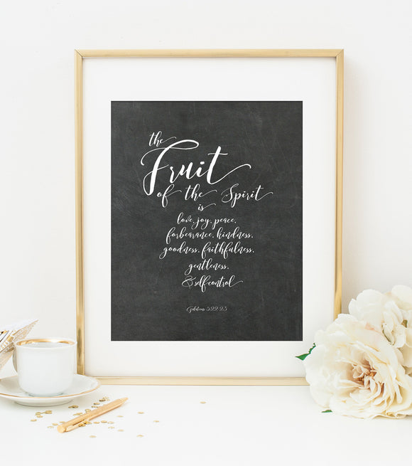 The Fruit of the Spirit Bible Verse Art Print on Chalkboard Style Background