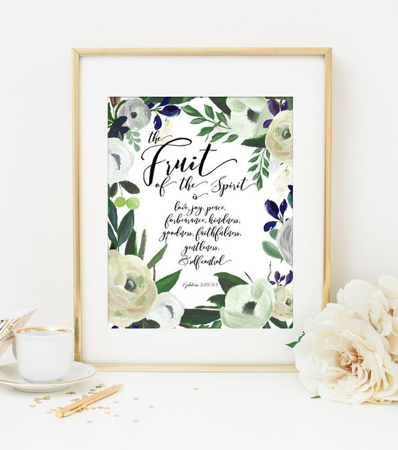 The Fruit of the Spirit Bible Verse Art Print in Cream Watercolor Floral