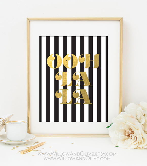 OOH LA LA Black and White Striped Faux Gold Foil Art Print