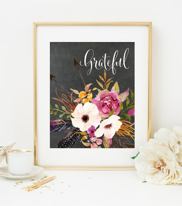 GRATEFUL ART PRINT with Chalkboard Style Background