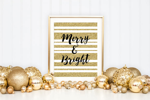 Merry & Bright Gold Sparkle Art Print - Christmas Holiday Home Decor