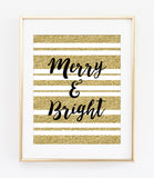 Merry & Bright Gold Sparkle Art Print - Christmas Holiday Home Decor