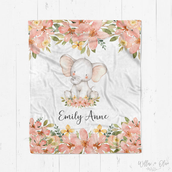 Baby Elephant Floral with Name | Personalized Kids Blanket
