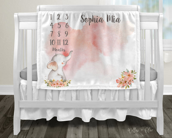Elephant & Watercolor Floral Milestone Calendar | Personalized Kids Blanket