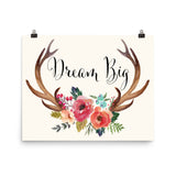 DREAM BIG ANTLERS & FLOWERS with Cream Background Tribal Art Print
